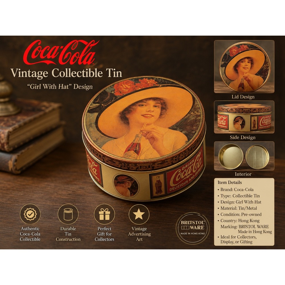 Vintage 1984 Coca-Cola Collectible Tin Girl With Hat Bristol Ware Round Gold 6in